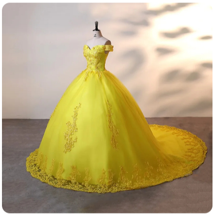 GAUN PERNIKAHAN  KUNING / BALLGOWN PERNIKAHAN  EKOR BROCADE / WEDDING GOWN  YELLOW