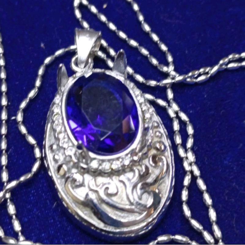 kalung liontin batu blue king safire cutting titanium