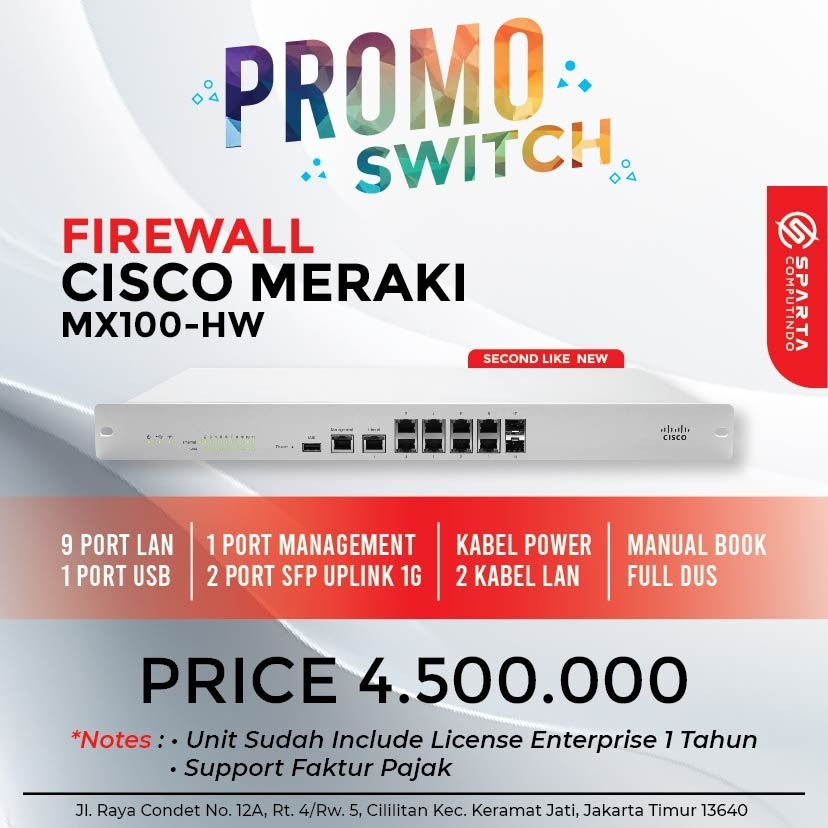 Promo Firewall sisco Meraki MX100-HW Plus License MR Enterprise selama 1th