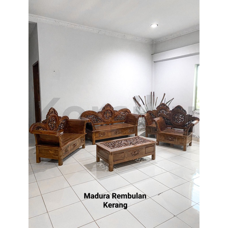 PROMO TERMURAH KURSI TAMU MADURA REMBULAN KERANG KAYU JATI JEPARA SET 3211 + MEJA KORSIKU