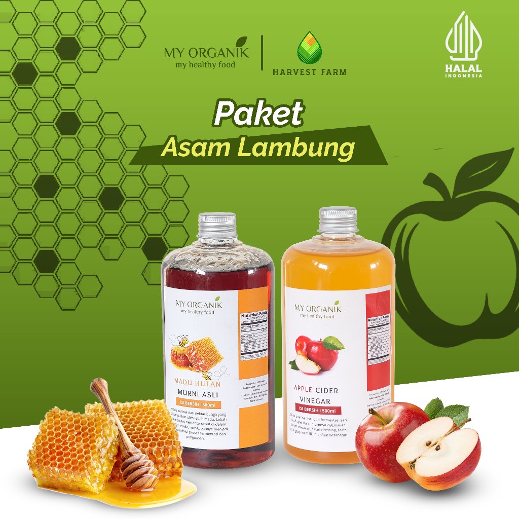 

My Organik Paket Asam Lambung Cuka Apel 500ml Madu Hutan 500 ml Apple Cider Vinegar