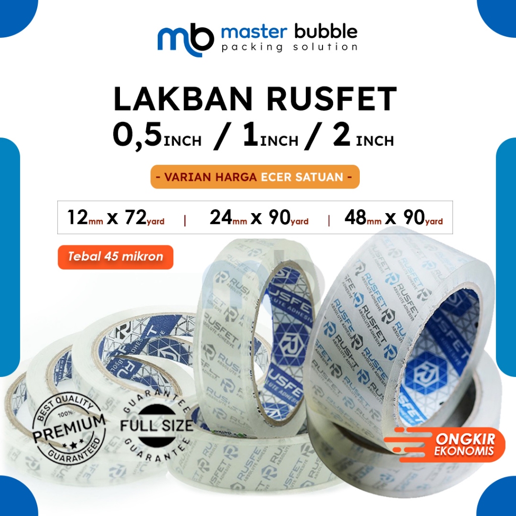 

Lakban Selotip Rusfet Bening Harga Satuan Ecer 2 inch / 12mm 24mm 48mm x 90yard Kualitas Premium