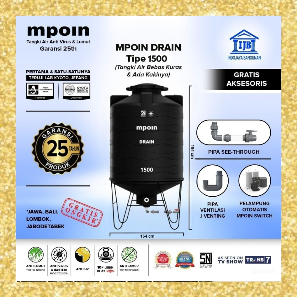 Toren Tandon Air Tangki Air MPOIN DRAIN Kaki Hitam 400 600 800 1200 1500 Liter FOOD GRADE , ANTI BAK