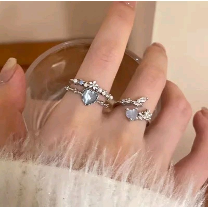3pcs Cincin  Wanita Silver set isi 3 hiasan Batu Permata Biru Gaya Retro dan Vintage Fashion Korea M