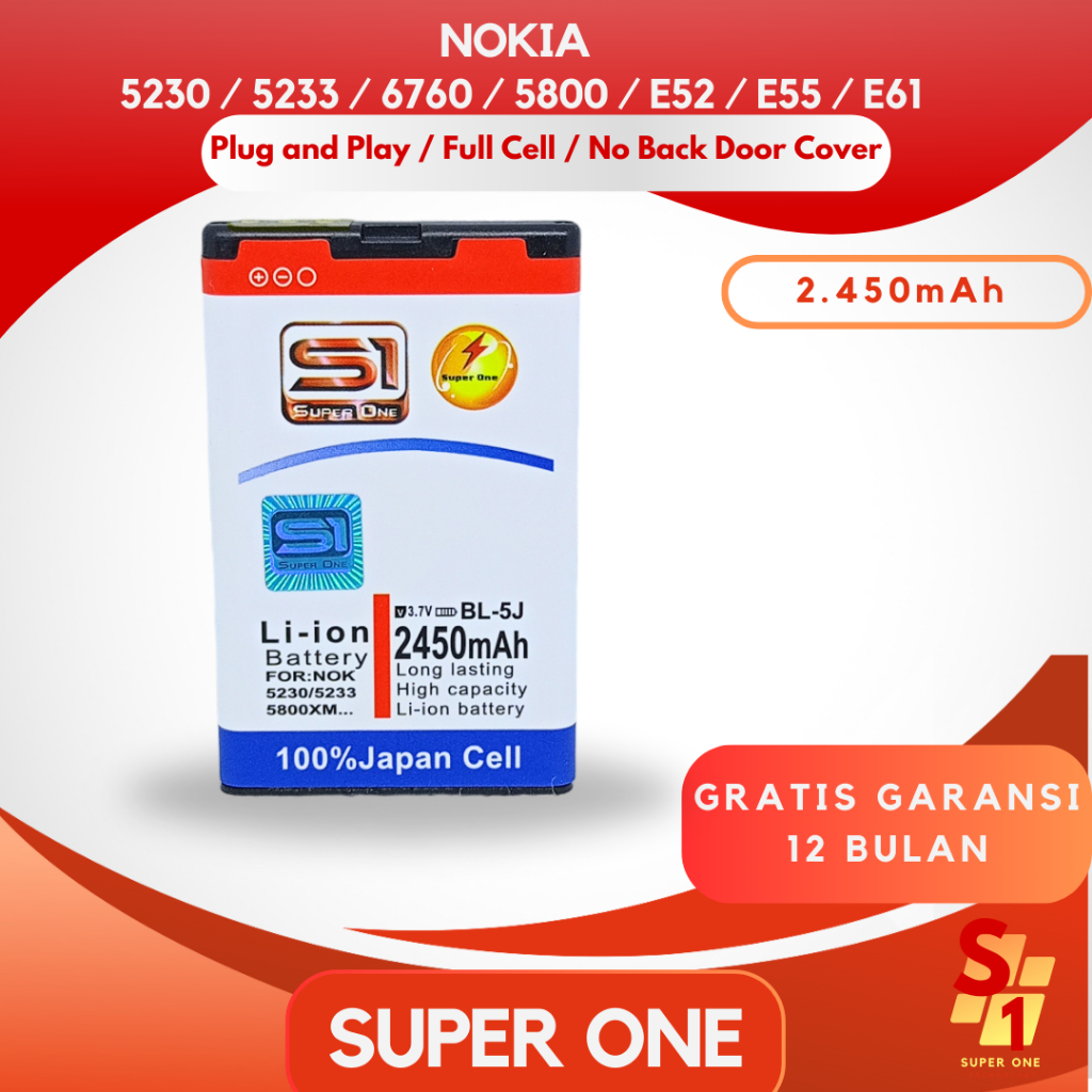 Super One - Original Baterai Nokia 5230 / 5233 / 6760 / 5800 / E52 / E55 / E61 Battery 2.450mAh For 