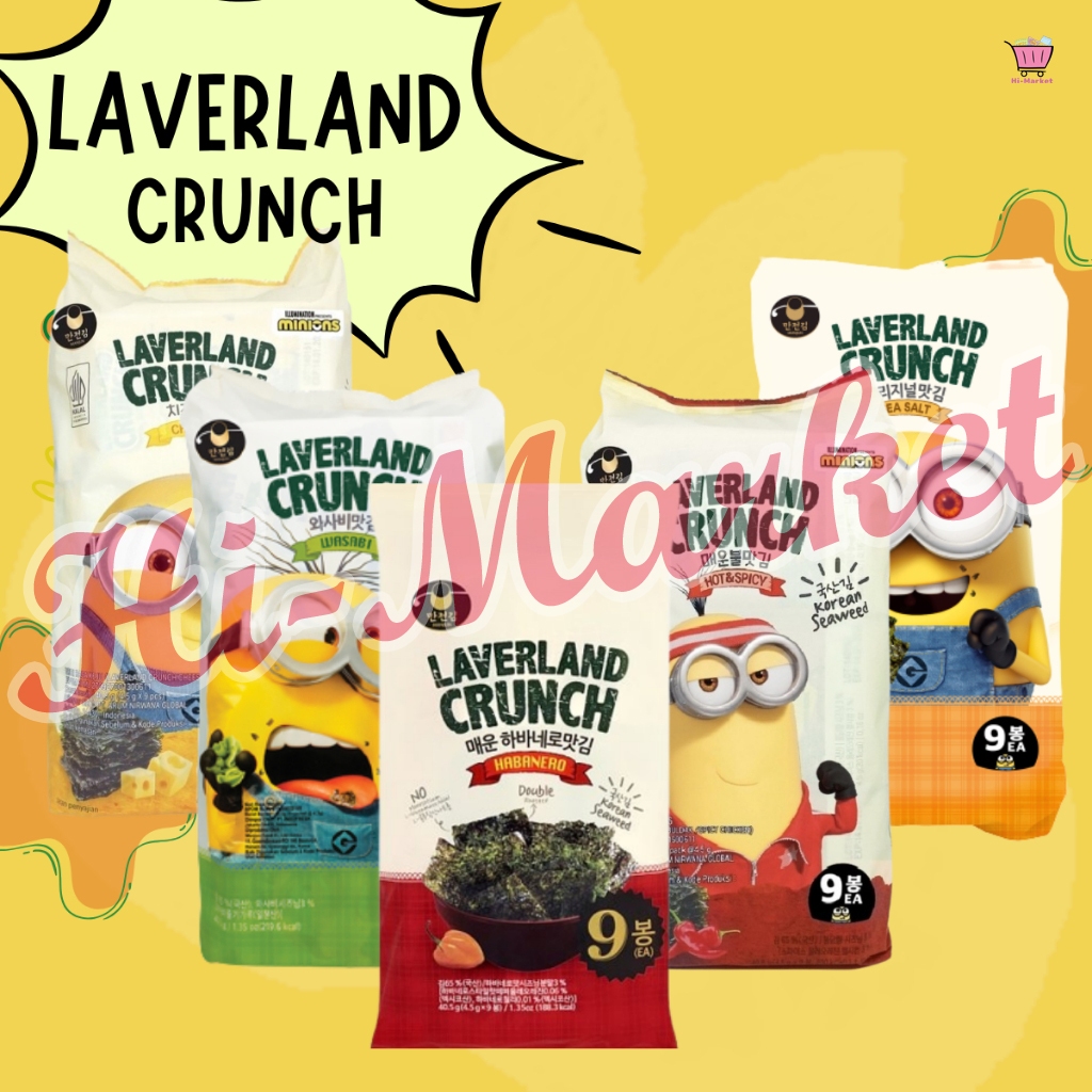 

Laverland Crunch Korean Crispy Seaweed Nori Rumput Laut Dengan Rasa Cheese Haba Nero Hot Spicy Sea Salt Wasabi isi 4,5g x 9pack - Snack Cemilan Korea - Laverland Minions