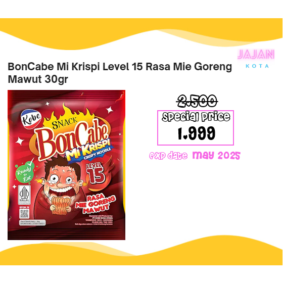 

BonCabe Snack Mie Krispi Level 15 Rasa Mie Goreng Mawut 30 gram