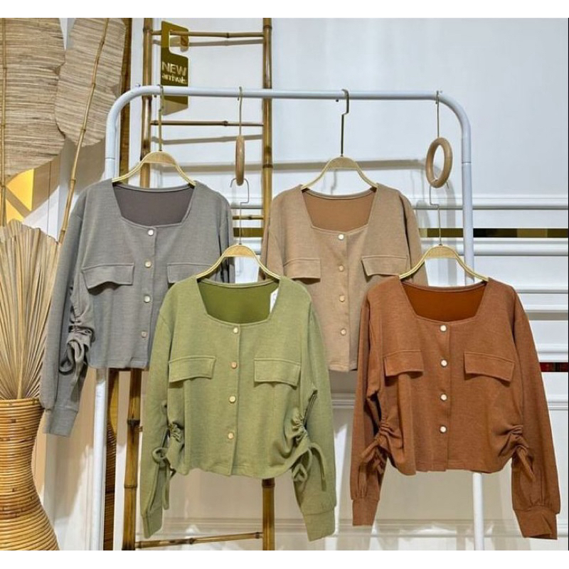 Sweater Luna square neck tali serut crop import, atasan wanita crop lengan panjang