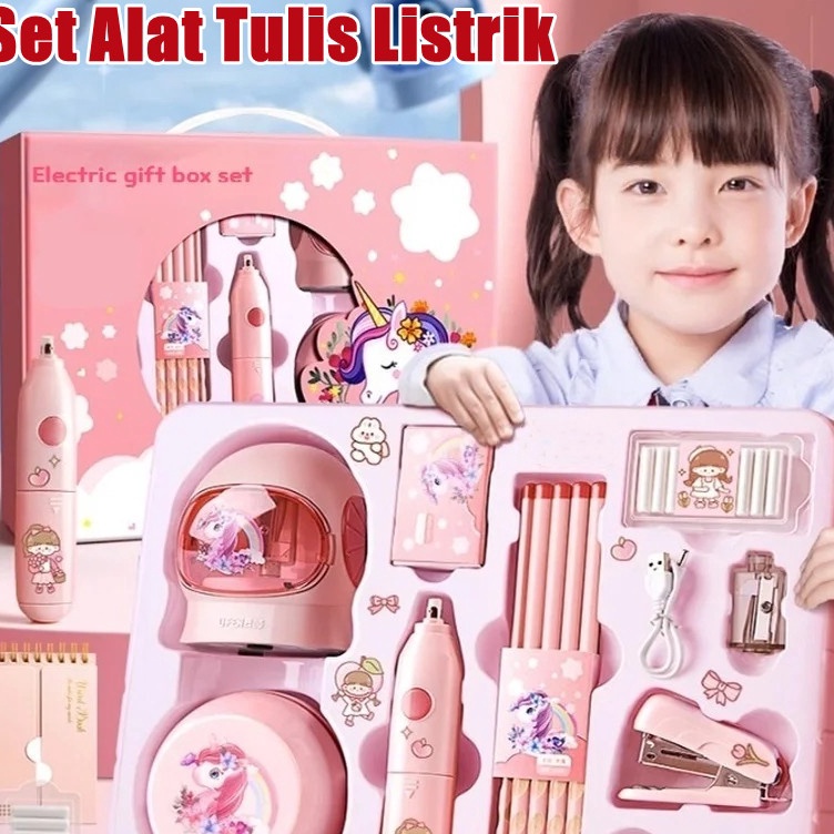 

11 in 1 Alat Tulis Elektrik Rautan Penghapus Vacuum Pensil Anak Alat Perkakas Belajar Anak Perempuan Kado Electric Stationery Set KODE Z4C7