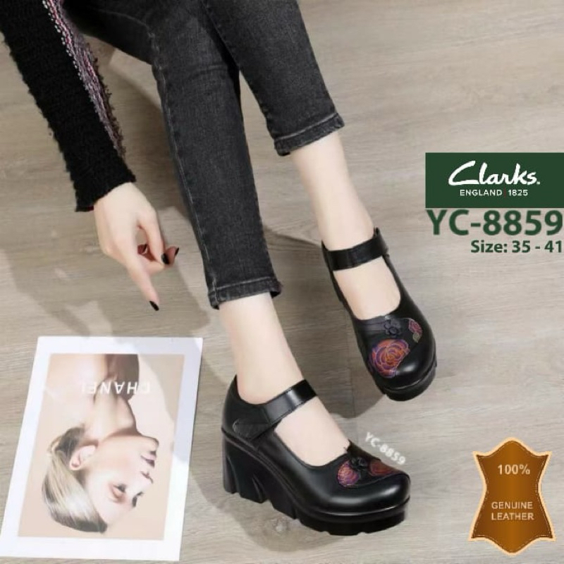 TERMURAH Sepatu Clarks YC-8859 Un Adorn Strap Flower Wedge 7cm / Wedges Kulit Wanita / Sepatu Kerja 