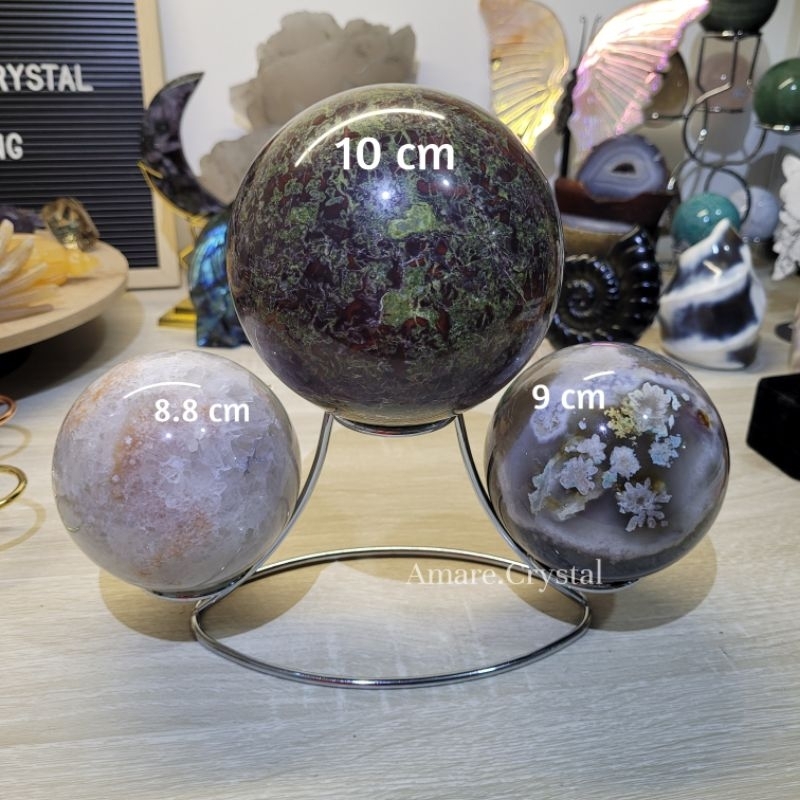 3 Three Sphere Stand Holder Metal Pot Ball Crystal Kristal Batu Alam