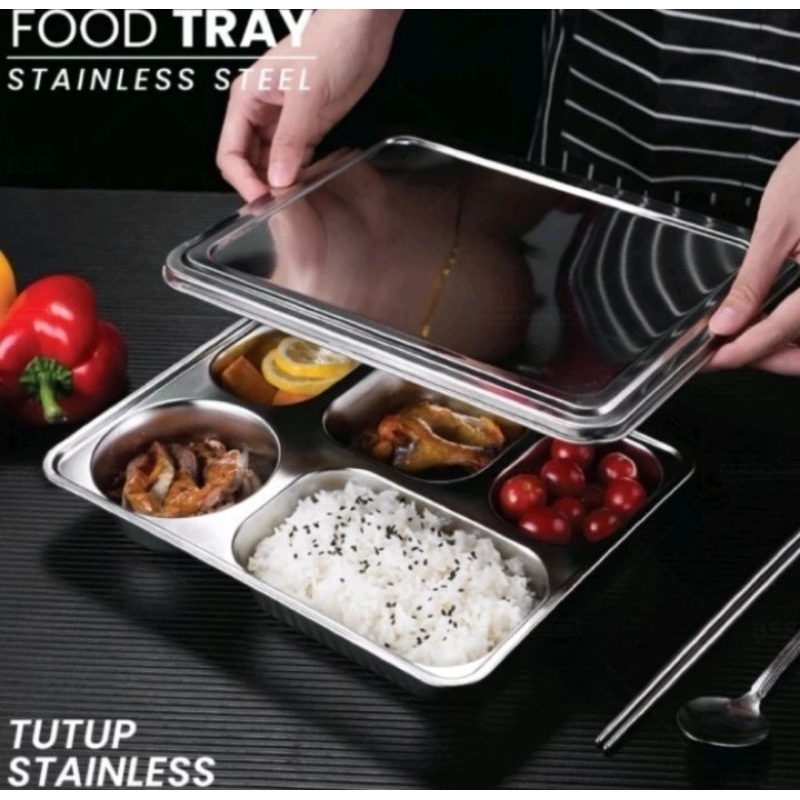LunchBox Piring Makan Catering 5 Sekat Tutup Stainless Plastik Food Tray