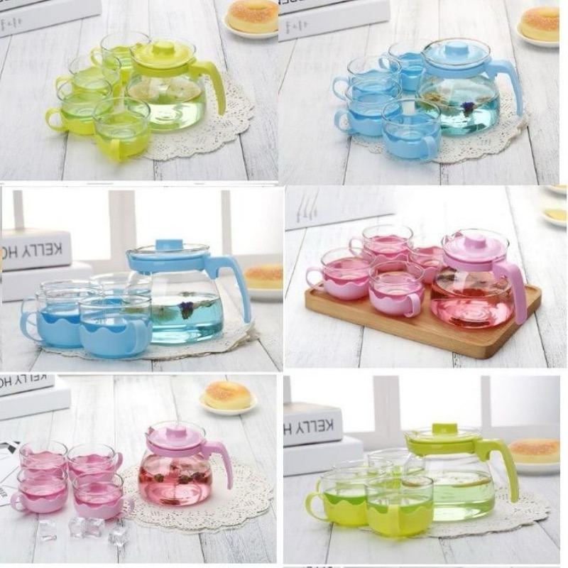 Teapot Set Kaca 5in1 Warna / Teko Kaca isi 5pcs / Teapot Gelas Set / Teko Gelas Set