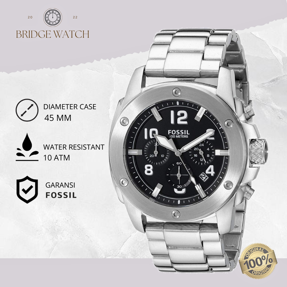 Jam Tangan Pria Fossil Machine Analog Strap Rantai Stainless Steel Chronograph Silver Water Resistan