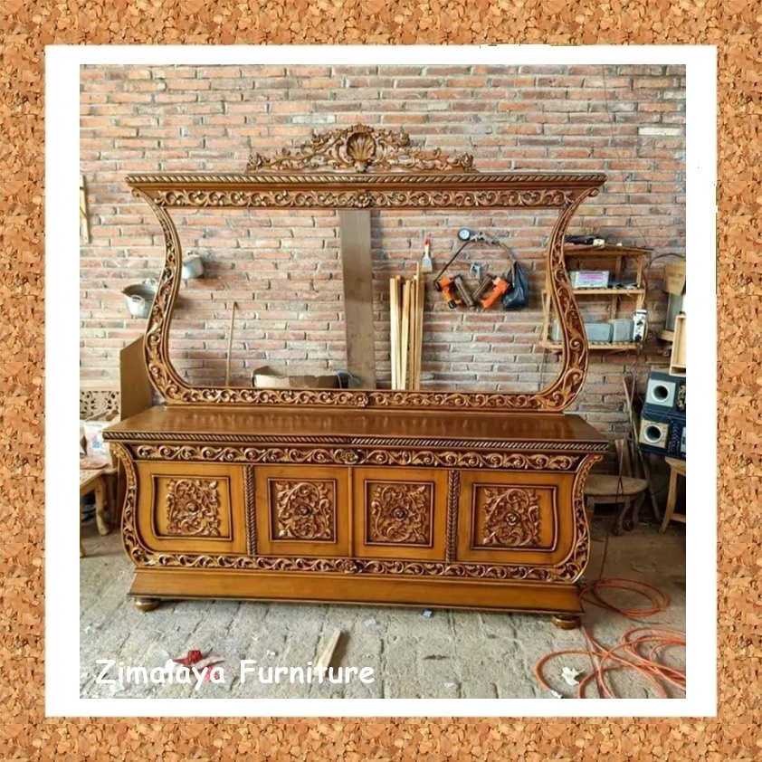 Bufet Ukir Jati Warna Kayu Classic, Bufet Hias Ukir Asli Jepara Cermin Ruang Tamu