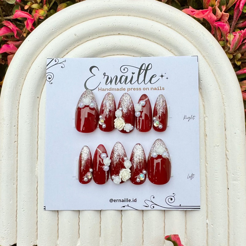 Maroon rose flower | Wedding nail art | kuku palsu pengantin