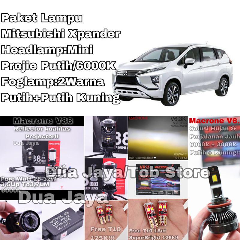 PAKETAN LAMPU MOBIL MITSUBISHI XPANDER MINI PROJECTOR MINI PROJIE MACRONE V88 FOGLAMP DUA WARNA V6.3