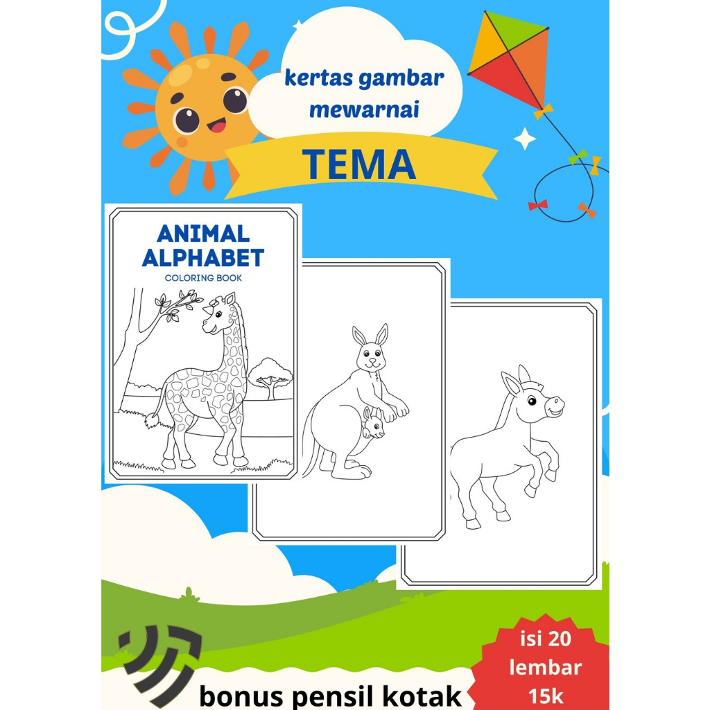 

kertas gambar mewarnai tema hewan bonus pensil kotak