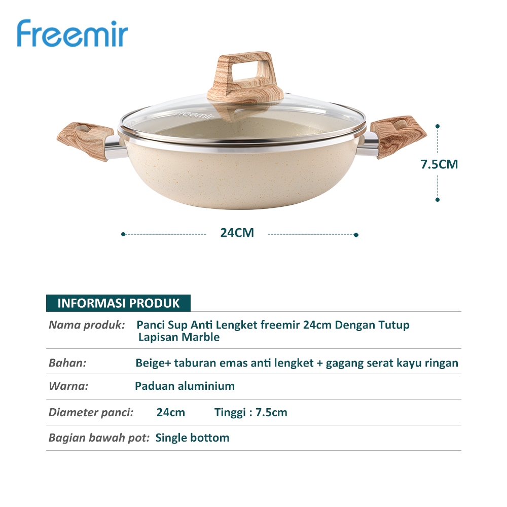 BESTPROMO freemir Wajan Anti Lengket 24 cm Kedalaman 7.5 cm Tutup Granit Anti Lengket Wajan