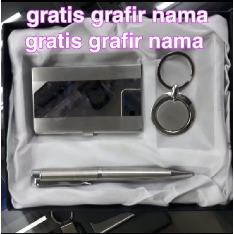 

New Products Gift Set Mewah Bulpoint + Gantungan Konci + Card Holder Full Stainless Free Grafir Nama/Logo + Hard Box Exclusive