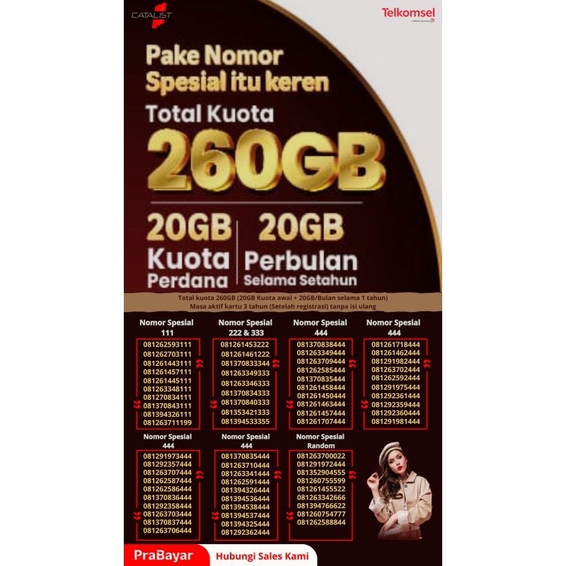 NOMOR CANTIK KARTU KUOTA TELKOMSEL 260GB MASA AKTIF KUOTA 1 TAHUN MASA AKTIF KARTU 3 TAHUN
