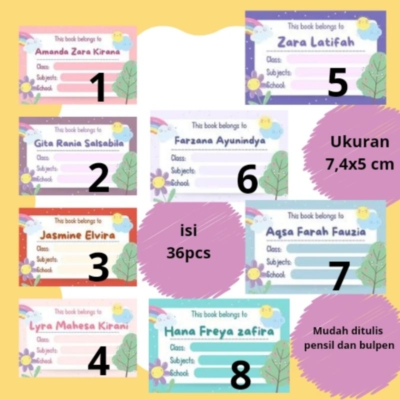 

stiker label nama buku pelajaran motif cantik, ukuran 7,6x5 cm, nama dicetak
