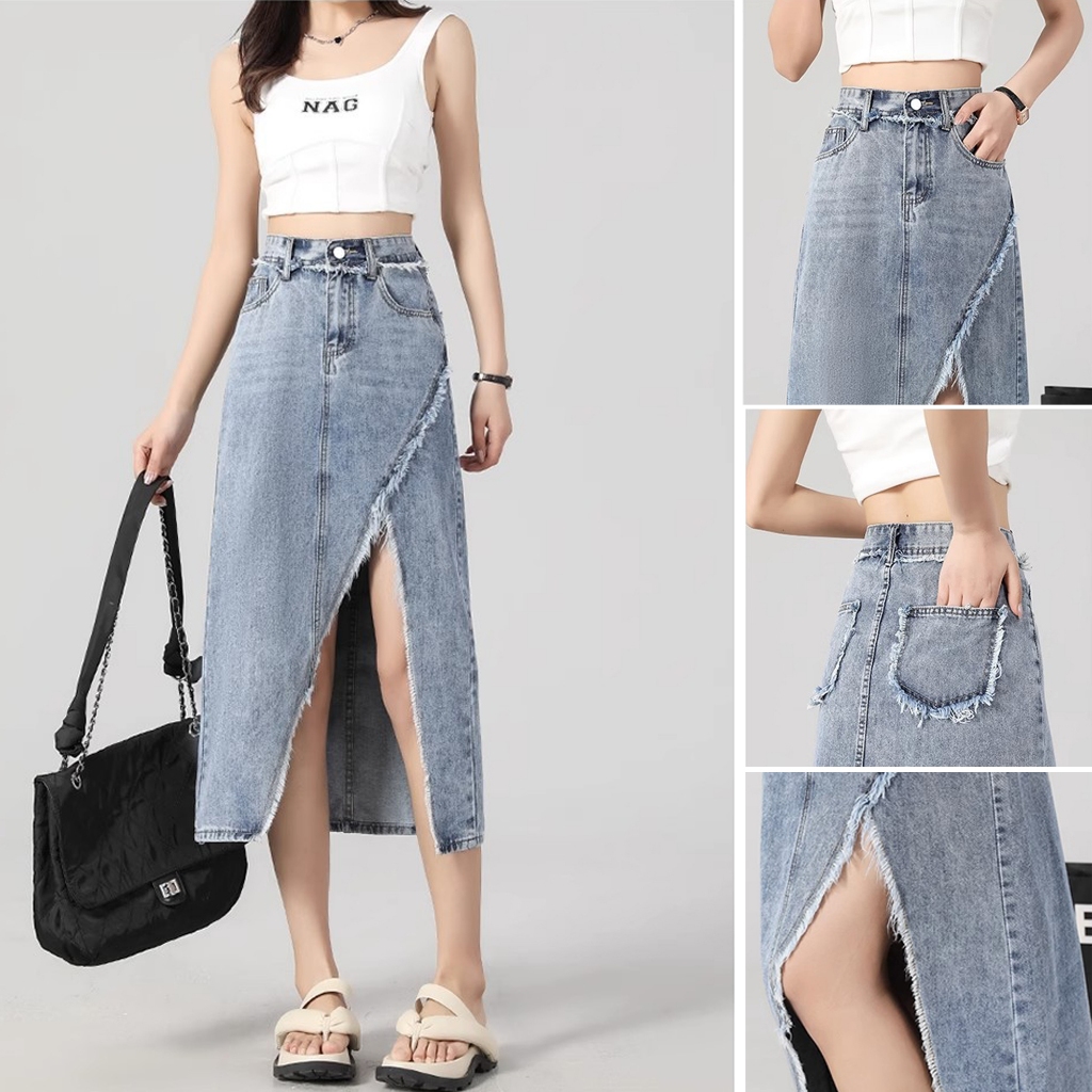 Keygirl Rok span rok jeans wanita Rok Jeans Biru Retro Rok midi A-line Highwaist Import Rok Jeans Mi