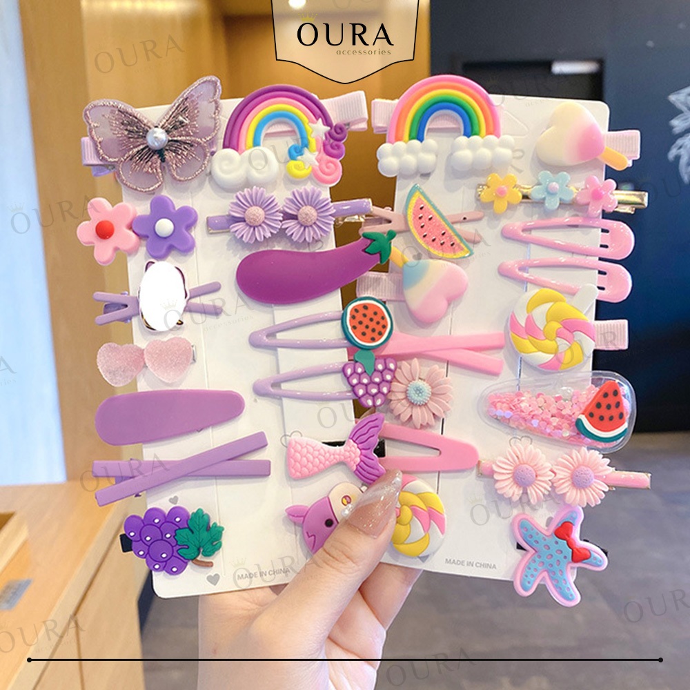 Jepitan Rambut Set 14 In 1 Motif Rainbow Flower Butterfly Jepit Rambut Lucu Jepit Poni Korean Style
