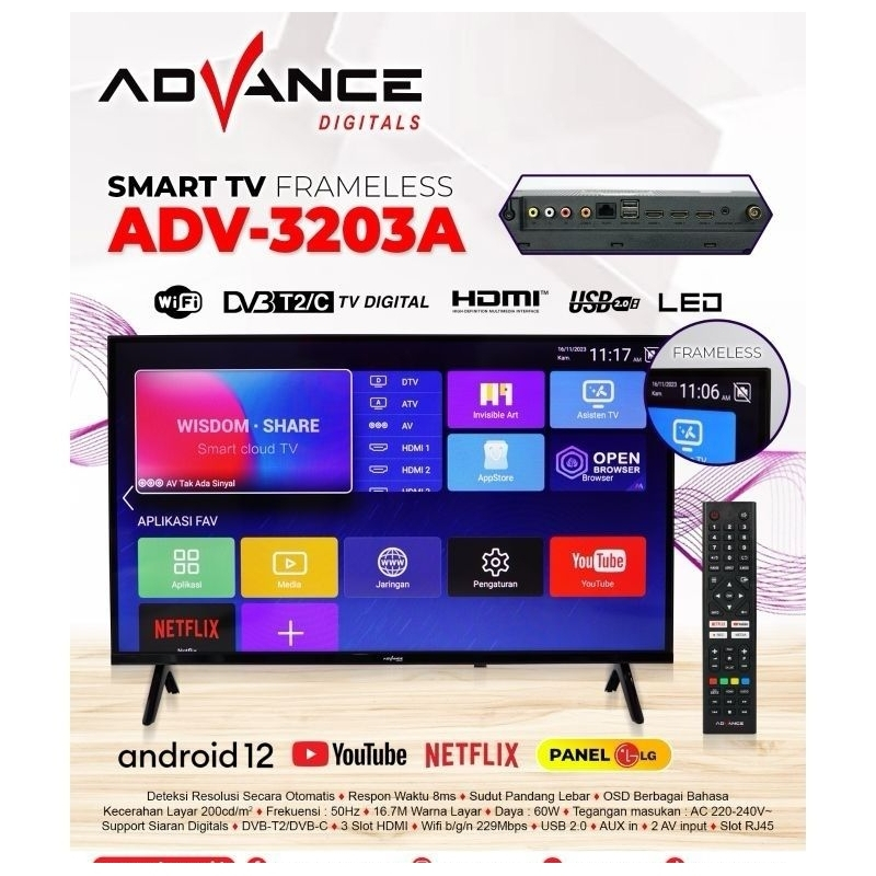 DVANCE LED TV 32 INCH ADV 3203 A SMART TV FRAME LESS / Android Smart TV Advance 32" inch ADV 3203A T