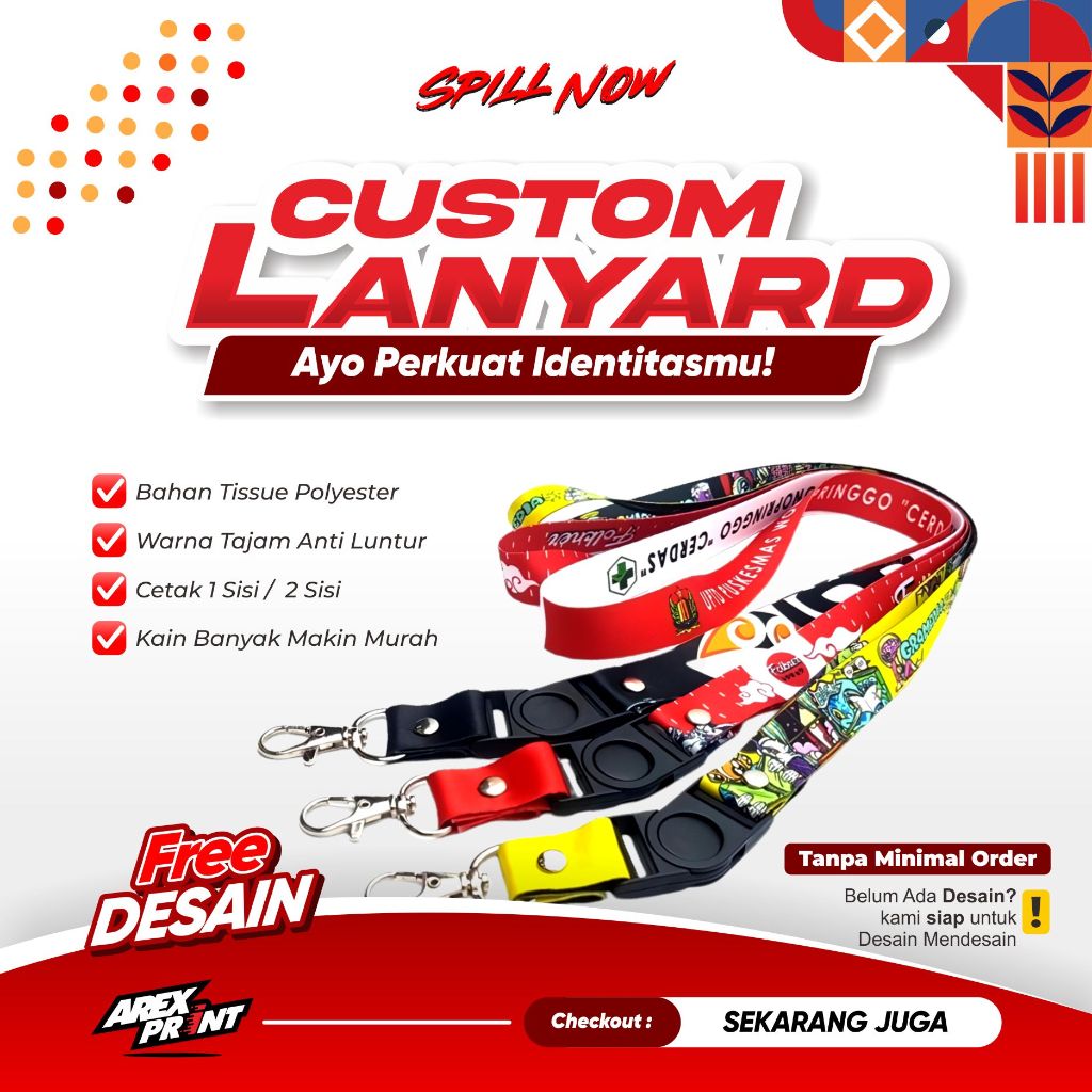 

TALI LANYARD CUSTOMDESAIN PROSES 1 - 4 HARI (BISA SATUAN) CETAK TALI LANYARD ID CARD PRINTING 2 SISI FULL COLOR