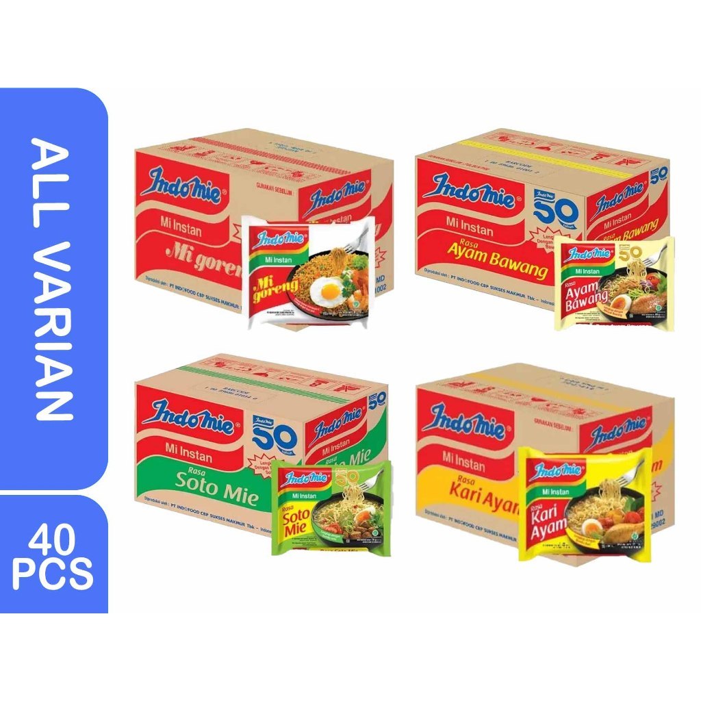 

Indomie Goreng, Ayam Bawang, Soto, Kari Ayam, Rendang 1 KARTON/ DUS (isi 40pcs)