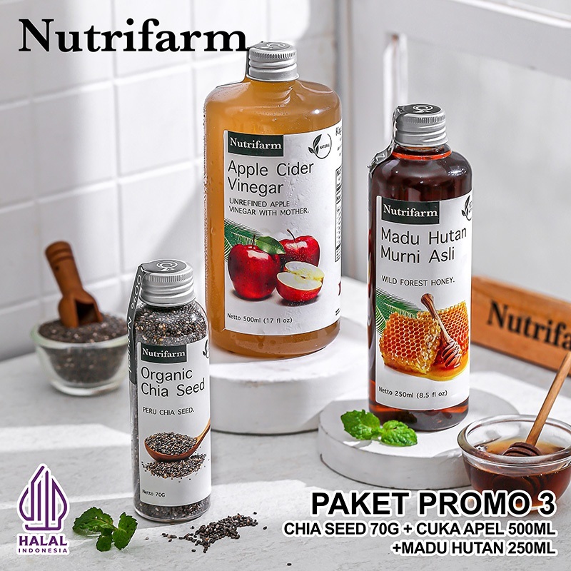 

PAKET NUTRIFARM 3IN1 CUKA APEL MADU HUTAN CHIA SEED ORIGINAL/ CUKA APEL 500 ML MADU HUTAN 250 ML CHIA SEED 70