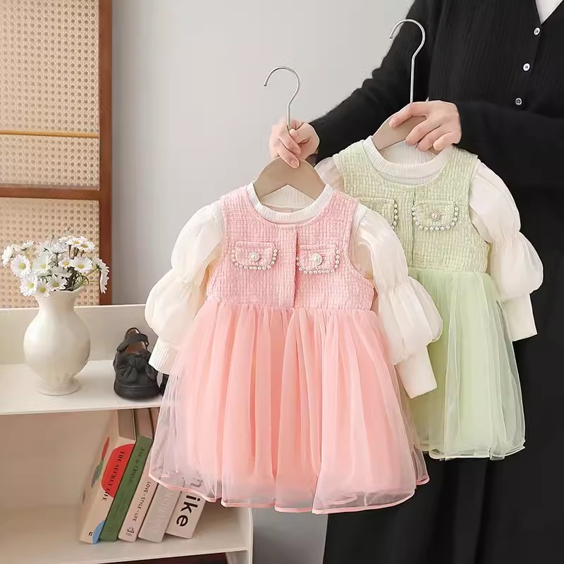 Dress Anak Perempuan Usia 1-4 Tahun | Baju Dress 2in1 Lengan Panjang Balon Pita Rok Tutu Tile Kemban
