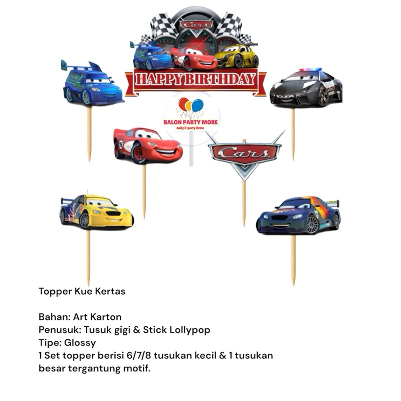 (SET CARS) TOPPER BAHAN ART PAPER KERTAS HIASAN BUKET/ CAKE TOPPER KUE ULANG TAHUN / TUSUKAN KUE VIR