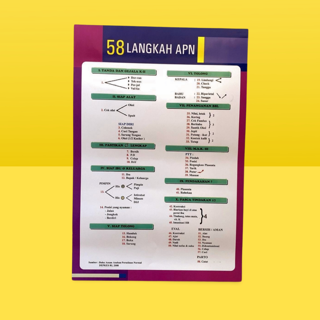 Poster Kebidanan | Poster 58 Langkah APN | Poster Asuhan Persalinan Normal | Kesehatan Ibu dan Bayi