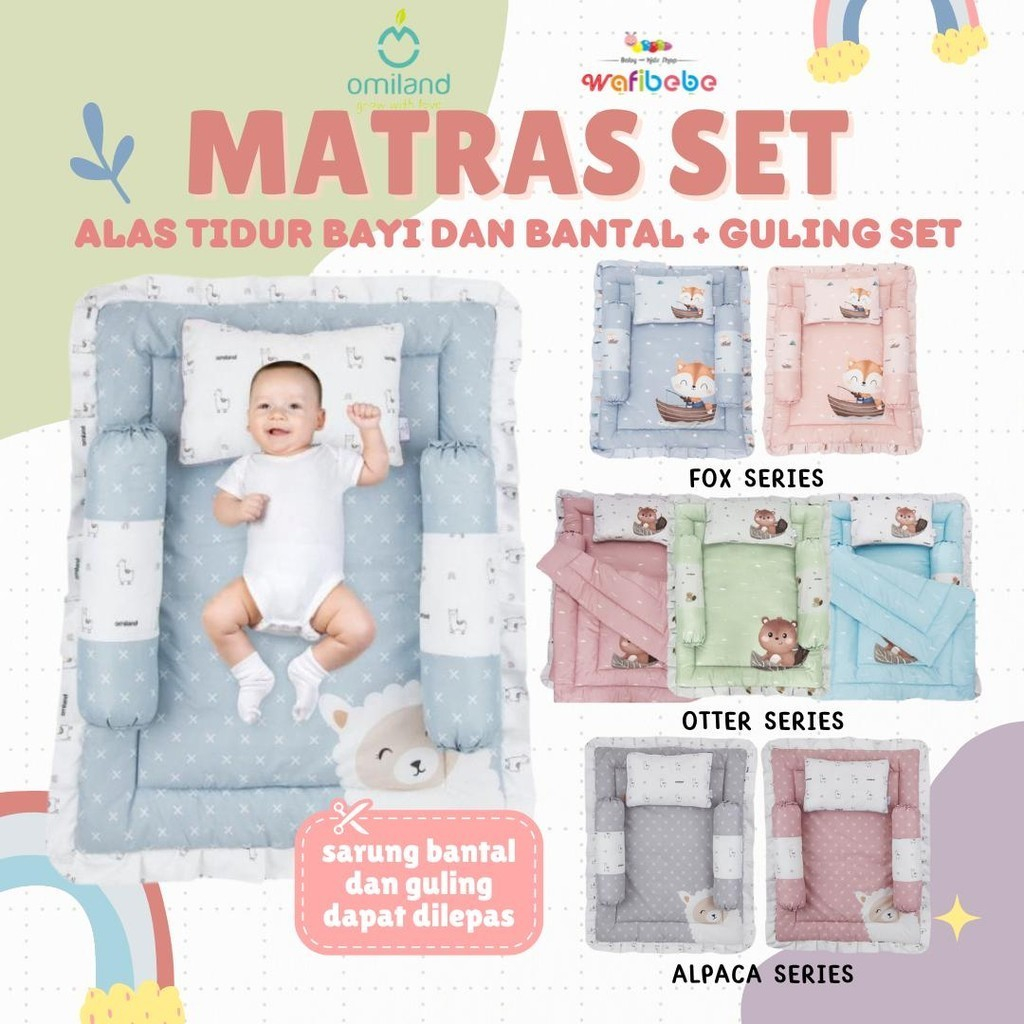 Omiland Matras Set Alas Tidur Bayi dengan Bantal + Guling Karakter Alpaca Fox Otter Rainbow Series