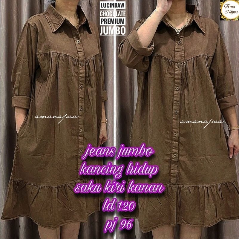 Lucindaw Long Tunik Polos Cokelat Jeans Snow Ld 114 -120 Jumbo Fit XXL Busui Kancing Aktif By Amj