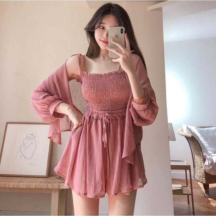 Set Wanita Rok Atasan dan Rompi |Setelan Baju Wanita Korean Style |Gaun 3 in 1 Lengan Panjang Crinkl