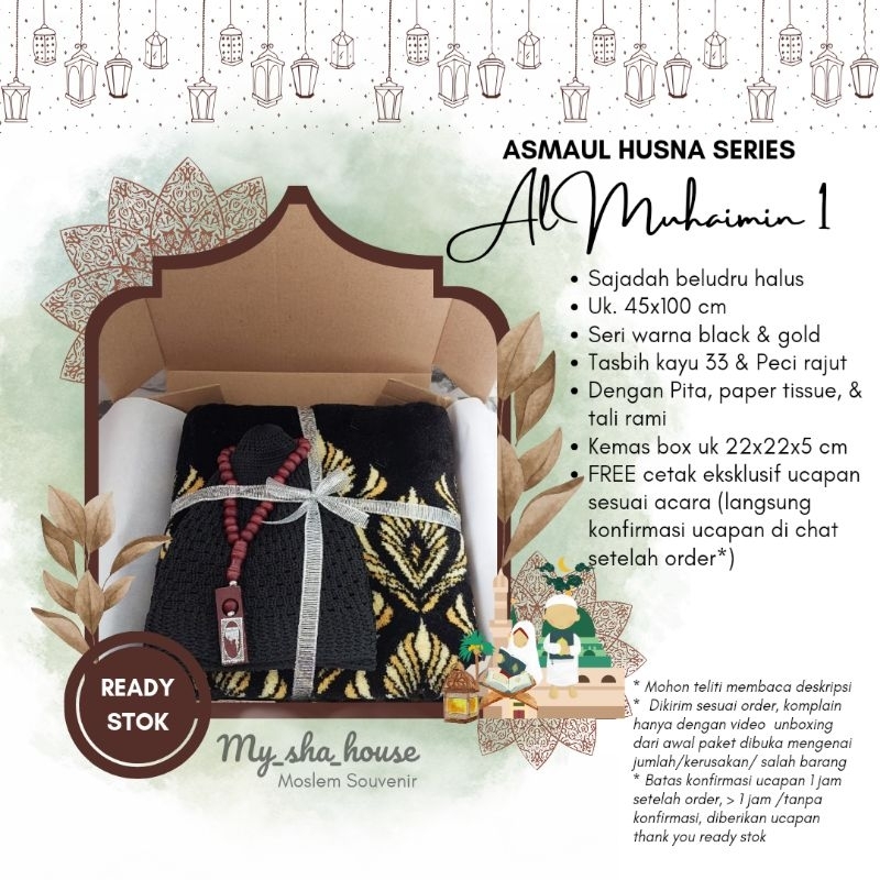 Hampers AL MUHAIMIN sajadah beludru medium halus kado hadiah gift box sajadah beludru peci tasbih al