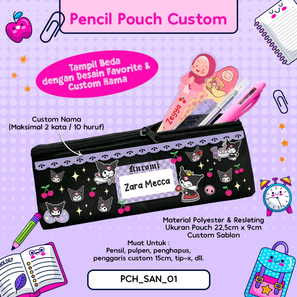 

Pencil Pouch Custom / Tempat Pensil Pouch Bisa Pakai Nama Tema Desain Game Anak Perempuan KUROMI & MY MELODY Kode PCH_SAN