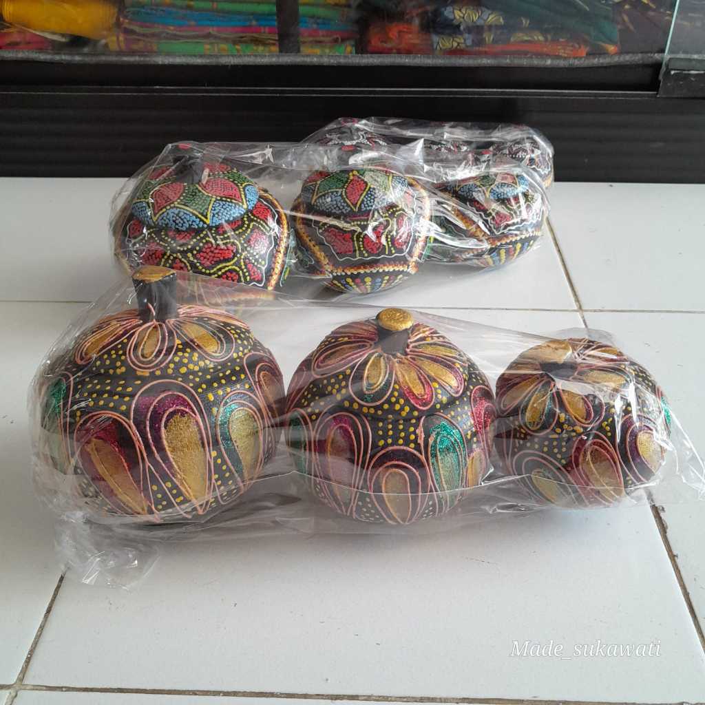 1 Set Wadah Tempat Permen Lukis Tutul Motif Buah Kayu Bali Isi 3Pcs