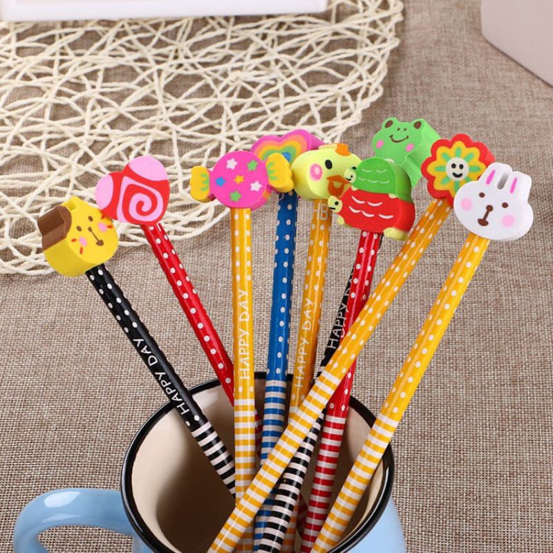 

Toserka - Pensil karakter kartun cute motif garis polkadot pensil karakter penghapus