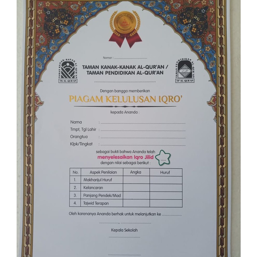

Wow Kartu Piagam Kelulusan Iqro Isi 1 lembar