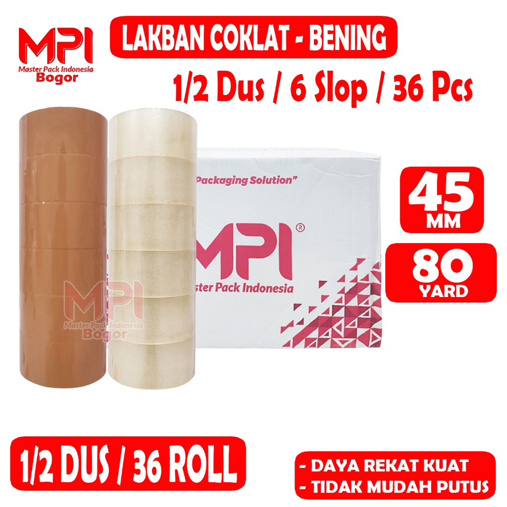 

1/2 DUS [ 36 PCS ] - Lakban Coklat - Bening 45 mm x 80 yard - Lakban Packing Hemat - MPI BOGOR