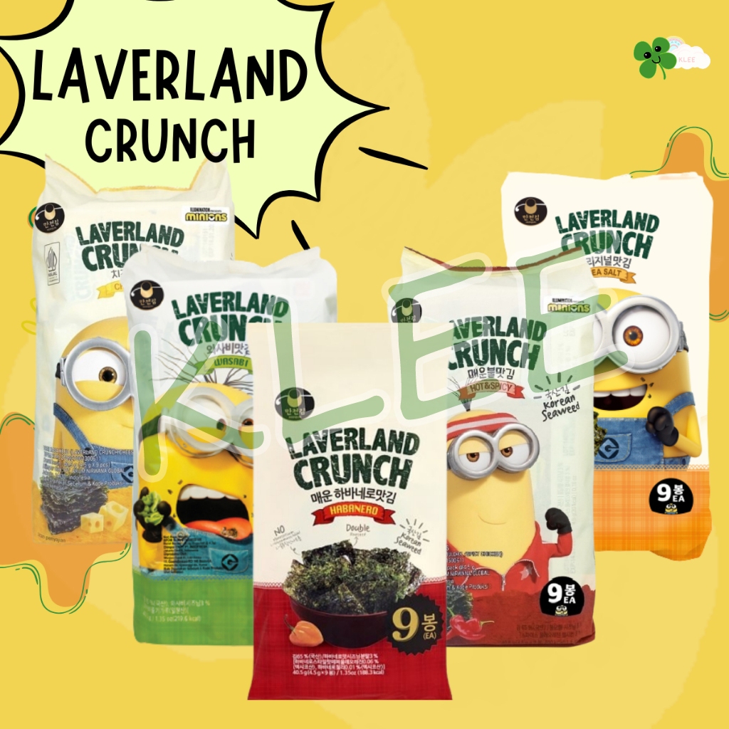 

Laverland Crunch Korean Crispy Seaweed Nori Rumput Laut Dengan Rasa Cheese Haba Nero Hot Spicy Sea Salt Wasabi isi 4,5g x 9pack - Snack Cemilan Korea - Laverland Minions