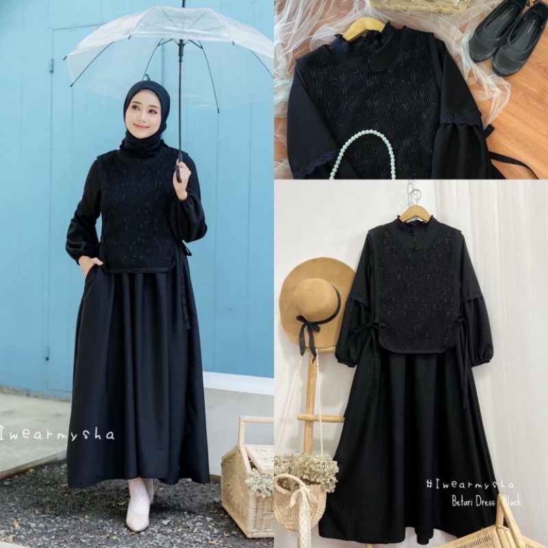 Mysha Iwearmysha   BETARI DRESS BLACK Gamis Hitam Mewah Elegan Kondangan Polos Size S M L XL