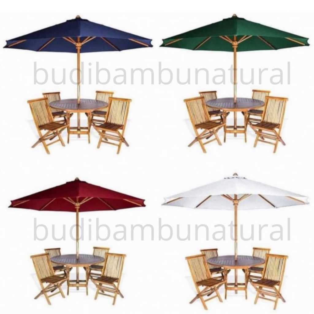 Set Meja Payung Taman cafe Outdoor Tenda Payung Cafe Kayu Jati 4 Kursi Lipat Jati free finishing