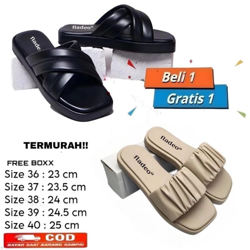 Promo Beli 1 Dapat 2 Sandal Wanita Platform Sandal Slop Wanita Sandal Kerut Wanita Fladeo Korean Sty