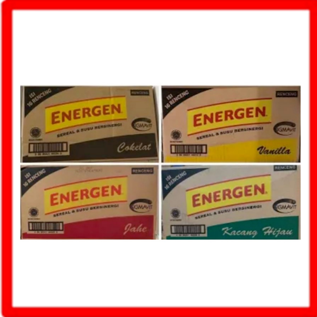 

ENERGEN COKLAT,VANILLA,JAHE,KACANG HIJAU KURMA 1 DUS ISI 10 RENCENG