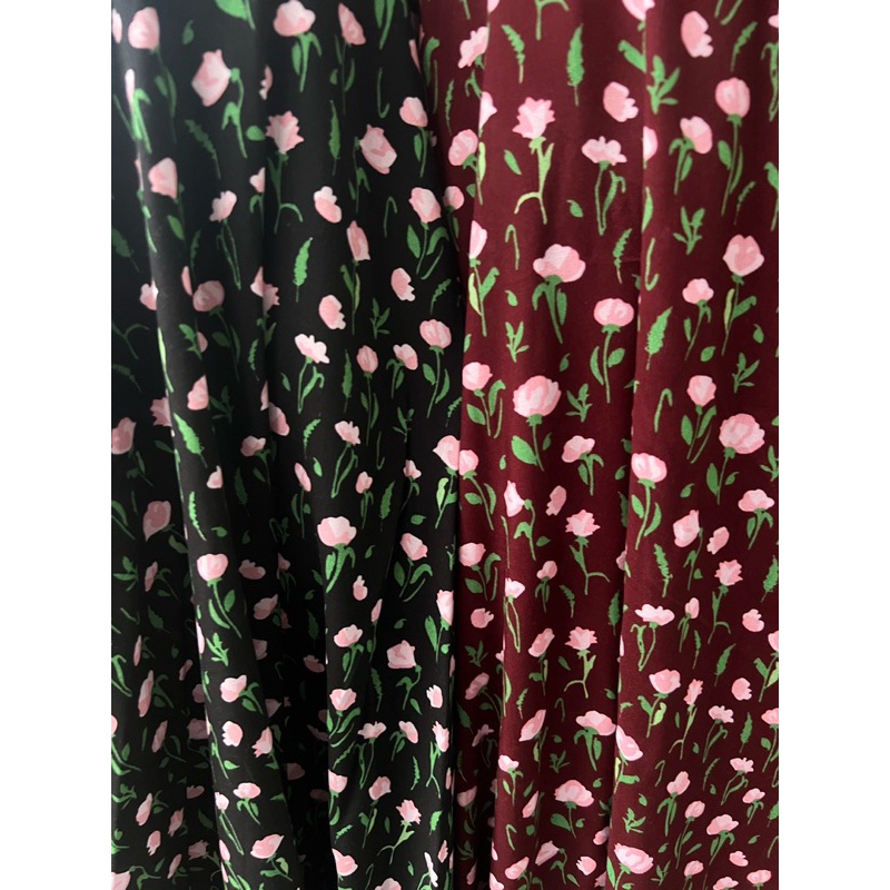 kain katun rayon viscose premium motif bunga hitam dan marun terbaru best seller